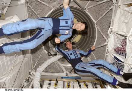 Russian Federal Space Agency cosmonauts Sergei Volkov (bottom), Expedition 17 commander, and Oleg Kononenko, flight engineer, take a moment for a photo in the Jules Verne Automated Transfer Vehicle (ATV) while it remains docked with the International Space Station.