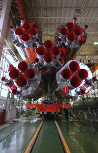 View of the Soyuz rocket engines. Engineers at the Baikonur Cosmodrome in Kazakhstan mated the Soyuz TMA-4 capsule with its booster rocket on April 16, 2004, in preparation for launch of the Expedition 9 crew and a European Space Agency (ESA) astronaut to the International Space Station (ISS) on April 19. The rocket rolled to its launch pad in Baikonur on April 17 for final preparations for its launch.