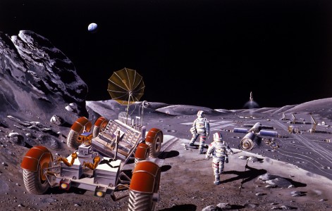 This artist's concept of a lunar base and extra-base activity was revealed during a 1986 Summer Study on possible future activities for the National Aeronautics and Space Administration. A roving vehicle similar to the one used on three Apollo missions is depicted in the foreground.