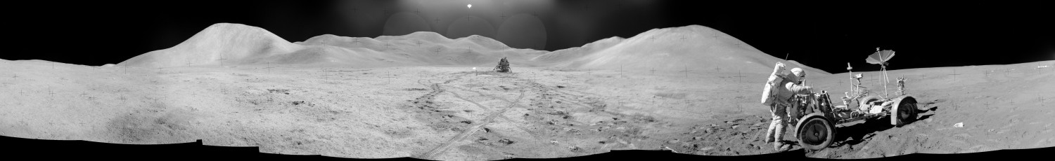 Panorama of Hadley Delta with Lunar Module and Lunar Roving Vehicle, Picture AS15-82-11048HR to AS15-82-11063HR