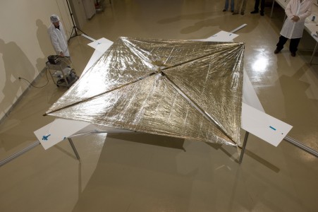 NanoSail-D deployment, part 3: Fully deployed, the sail area measures 107 ft2 (9.94 m2). It is comprised of four triangular membranes supported by thin metal tape booms. Full deployment takes just 5 seconds.