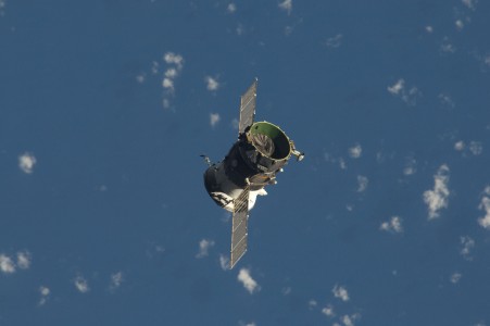 The propulsion compartment of the Poisk Mini-Research Module 2 (MRM2) departs from the International Space Station and was deorbited four hours later for a destructive reentry in Earth's atmosphere. The undocking occurred at 6:16 p.m. (CST) on Dec. 7, 2009. Its departure opens up a docking port for Russian vehicles on Poisk, which will first be used when NASA astronaut Jeffrey Williams, Expedition 22 commander; and Russian cosmonaut Maxim Suraev, flight engineer, relocate their Soyuz spacecraft in January 2010.
