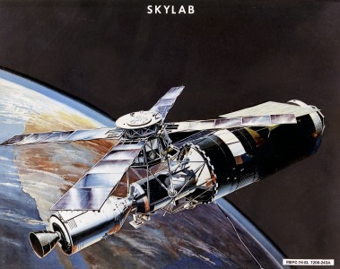 This image is an artist's concept of the Skylab in orbit.