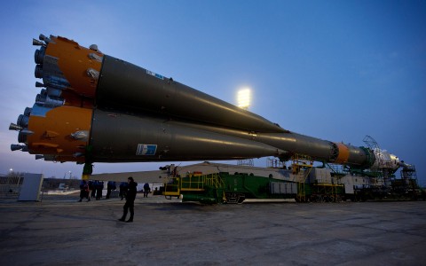 The Soyuz TMA-20 spacecraft arrives at the launch pad Dec. 13, 2010 at the Baikonur Cosmodrome in Kazakhstan. The Soyuz is scheduled to launch the crew of Expedition 26 on Dec. 16, 2010 (Kazakhstan time).