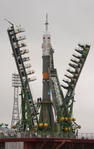 The Soyuz TMA-21 spacecraft is lifted into position on the launch pad at the Baikonur Cosmodrome in Kazakhstan, April 2, 2011. The Soyuz, which has been dubbed 