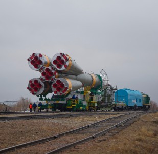 The Soyuz TMA-21 spacecraft is rolled out by train on its way to the launch pad at the Baikonur Cosmodrome in Kazakhstan, April 2, 2011. The launch of the Soyuz spacecraft is scheduled for April 5, 2011 (Kazakhstan time). Onboard will be NASA astronaut Ron Garan, flight engineer; Russian cosmonaut Alexander Samokutyaev, Soyuz commander; and Russian cosmonaut Andrey Borisenko, flight engineer.