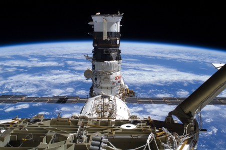 One of the newest pieces of hardware docked with the International Space Station is the Mini Research Module 2 (MRM-2), featured in this electronic still image downlinked by the Expedition 21 crewmembers during flight day six activities.