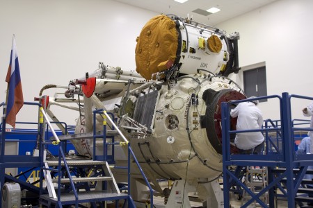 A media event was hosted by NASA and the Russian Federal Space Agency, Roscosmos, to showcase the Russian-built Mini-Research Module-1, or MRM-1, in the Astrotech payload processing facility at Port Canaveral, Fla. Technicians continue to process and inspect the MRM-1 during the event. The six-member crew of space shuttle Atlantis' STS-132 mission will deliver an Integrated Cargo Carrier and the MRM-1, known as Rassvet, to the International Space Station. The second in a series of new pressurized components for Russia, MRM-1 will be permanently attached to the Earth-facing port of the Zarya control module. Rassvet, which translates to 