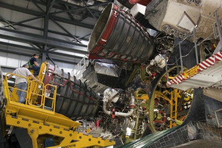 In Orbiter Processing Facility-1 at NASA's Kennedy Space Center in Florida, space shuttle main engine #2 is nearly in position for installation on space shuttle Atlantis for its upcoming STS-132 mission. A main engine is 14 feet long, weighs approximately 7,000 pounds, and is 7.5 feet in diameter at the end of the nozzle. Inspection and maintenance of each of the shuttle's three main engines are an important safety measure and standard procedure between shuttle missions. Atlantis is scheduled to deliver an Integrated Cargo Carrier and Russian-built Mini Research Module to the International Space Station on STS-132. The second in a series of new pressurized components for Russia, the module will be permanently attached to the Zarya module. Three spacewalks are planned to store spare components outside the station, including six spare batteries, a boom assembly for the Ku-band antenna and spares for the Canadian Dextre robotic arm extension. A radiator, airlock and European robotic arm for the Russian Multi-purpose Laboratory Module also are payloads on the flight. Launch is targeted for May 14