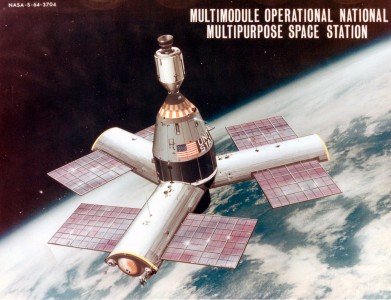 This three-radial-module space station concept was intended to utilize Apollo hardware to deploy the station and to transfer crews to and from orbit.