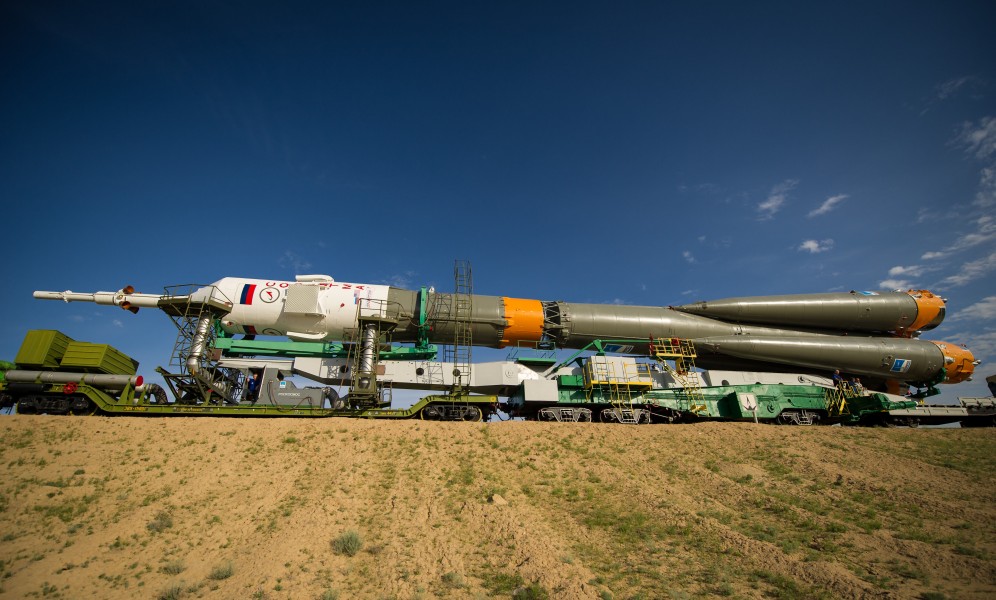 Soyuz TMA-04M spacecraft is rolled out by train