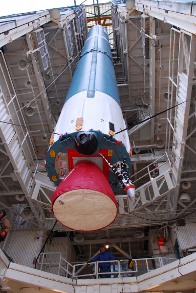 The first stage of a Delta II 7320-10C is raised at SLC-2W for Aquarius SAC-D launch