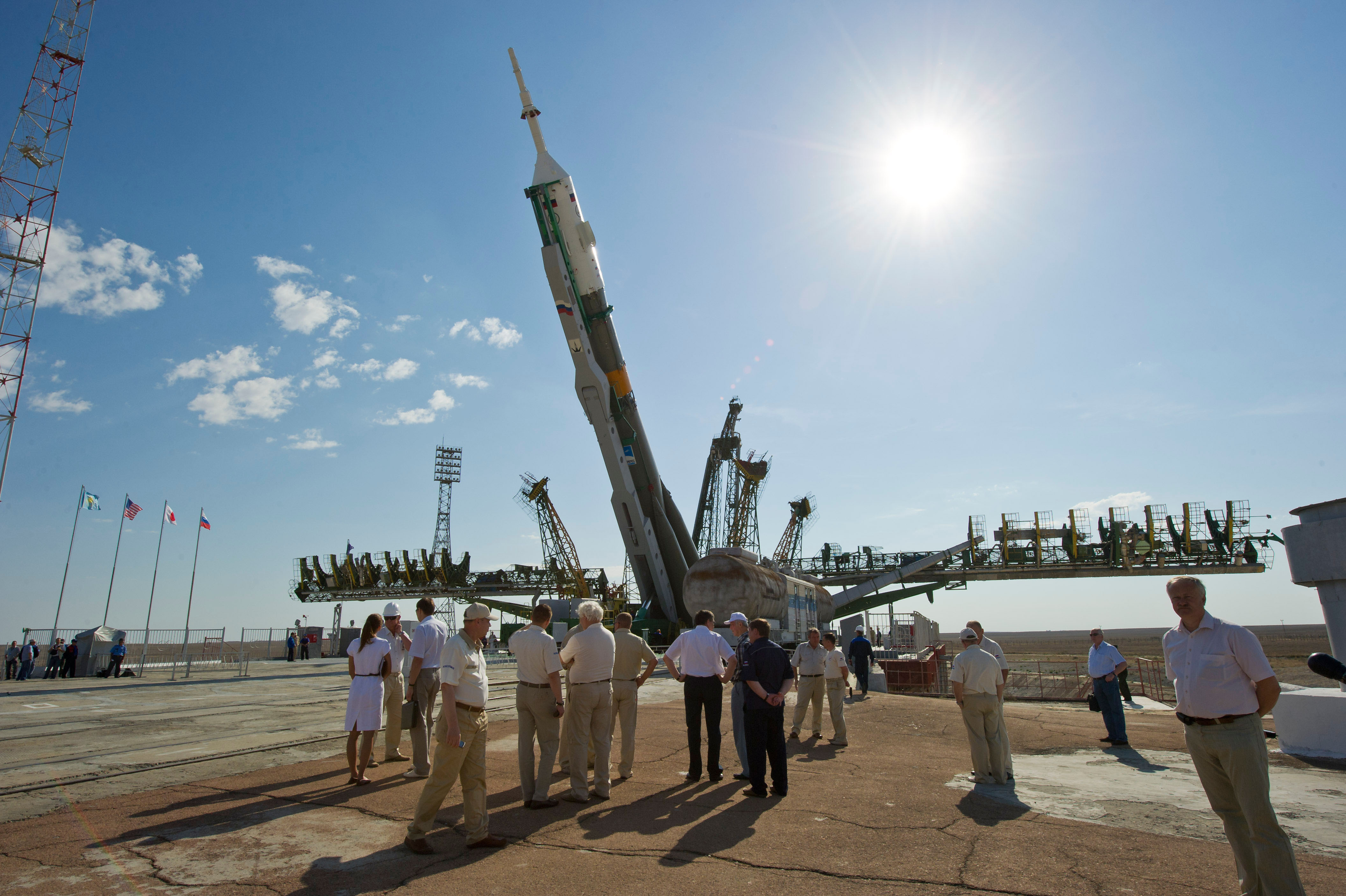 Soyuz TMA-02M spacecraft is raised into vertical position