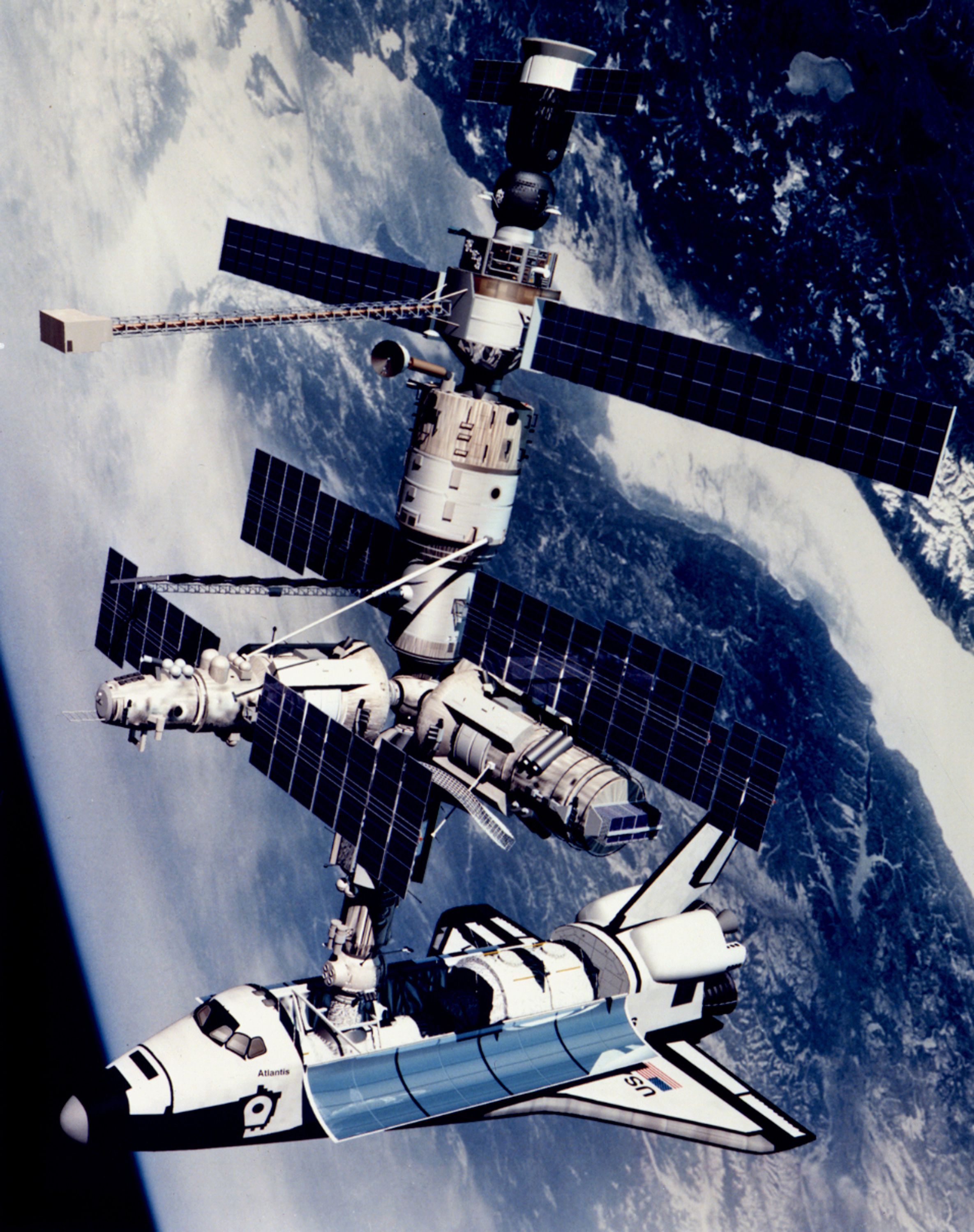 Technical rendition of STS-71 docked to Mir