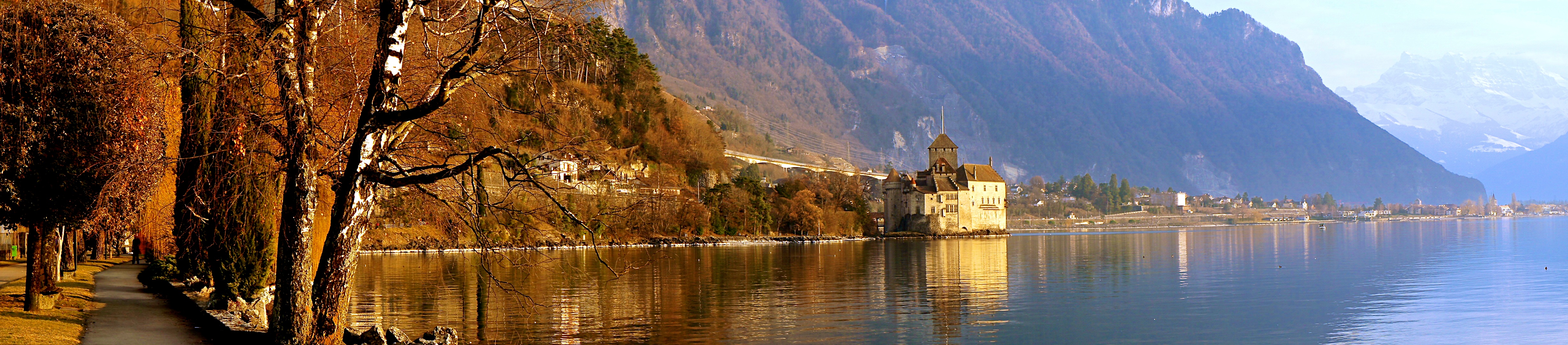 Chillon Castle, Lake, Swiss Alps Panoramic View