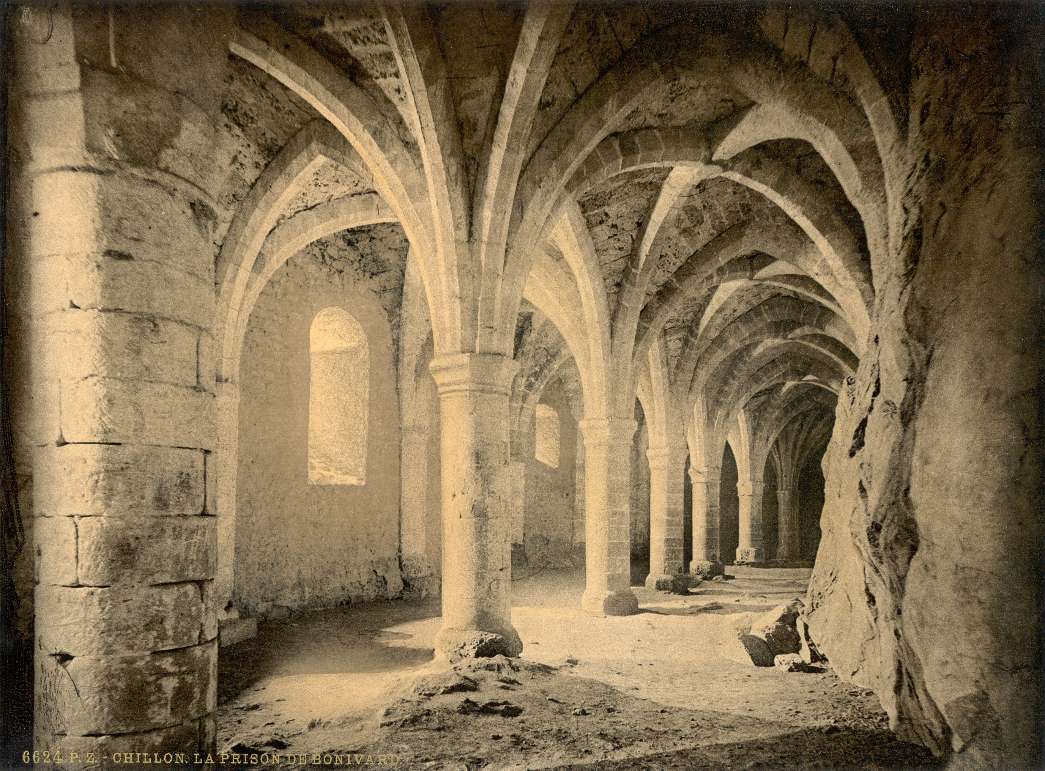 Chillon Castle interior Bonivards Prison Geneva Lake Switzerland
