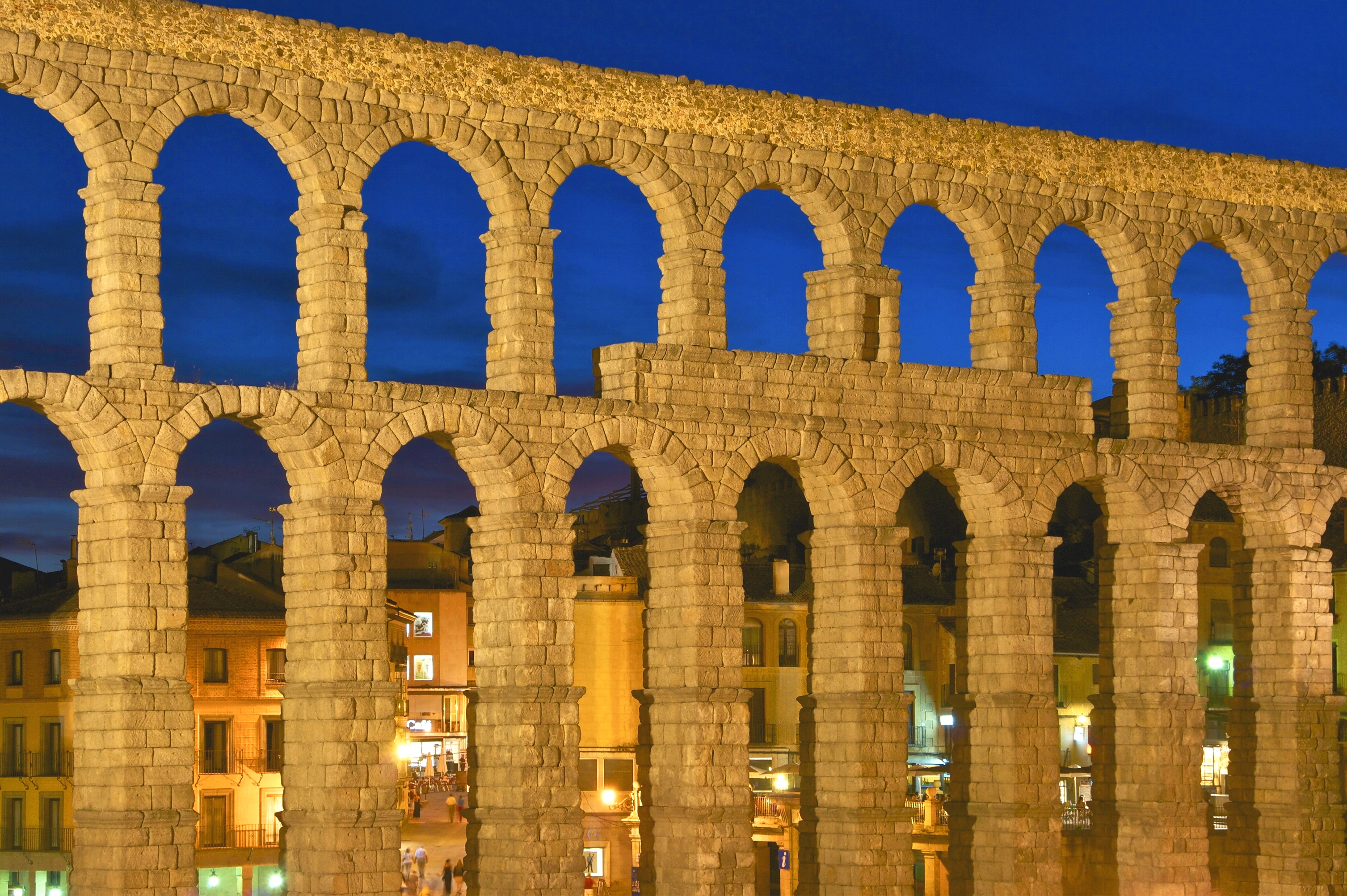 Detail aqueduct Segovia at dusk