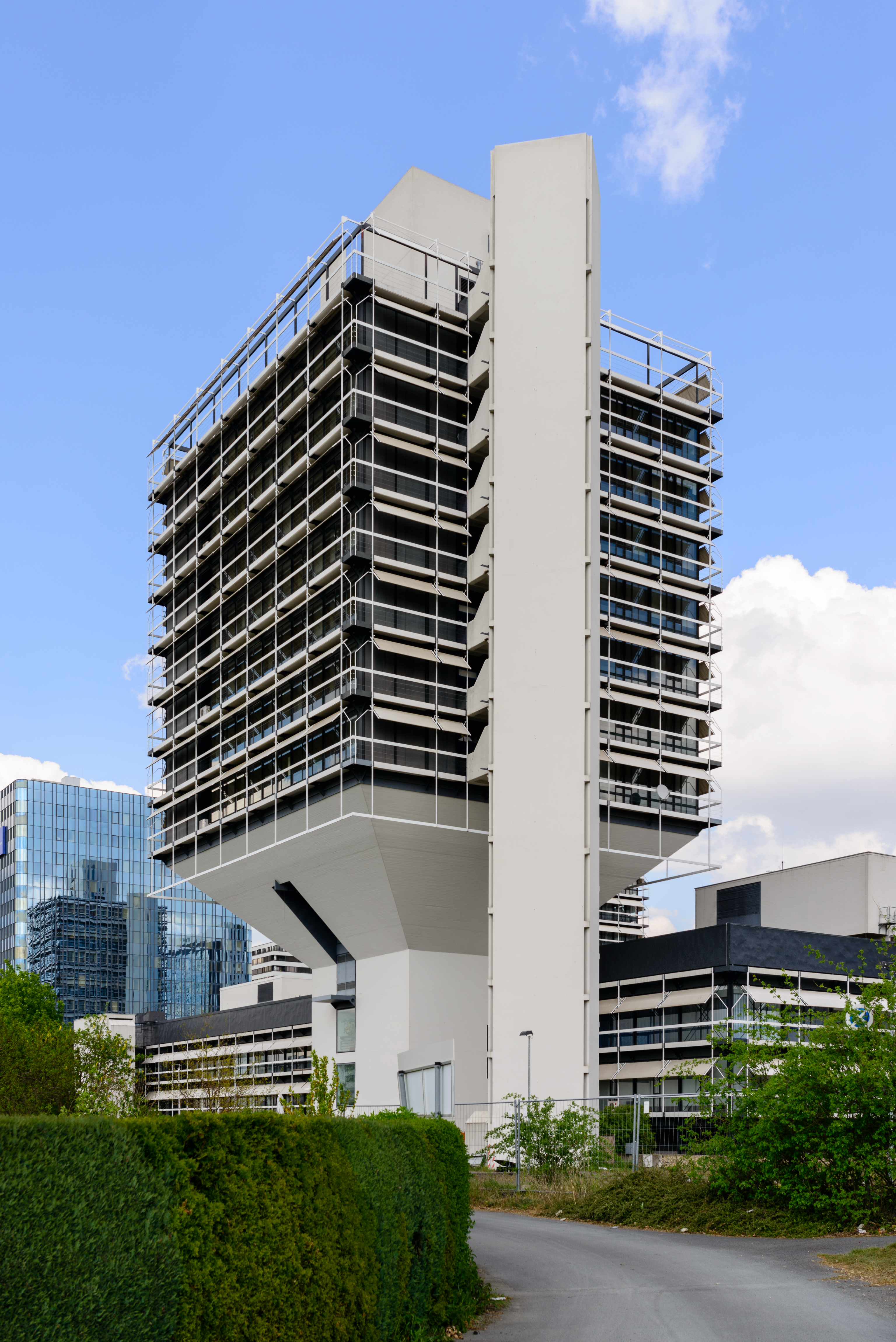 Funnel-shaped building in Frankfurt Niederrad Germany 2014 - 01
