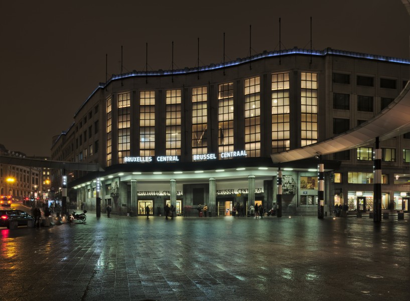 Bruxelles Central - Brussel Centraal train station entrance from Carrefour de l'Europe on a December evening (astronomical twilight)