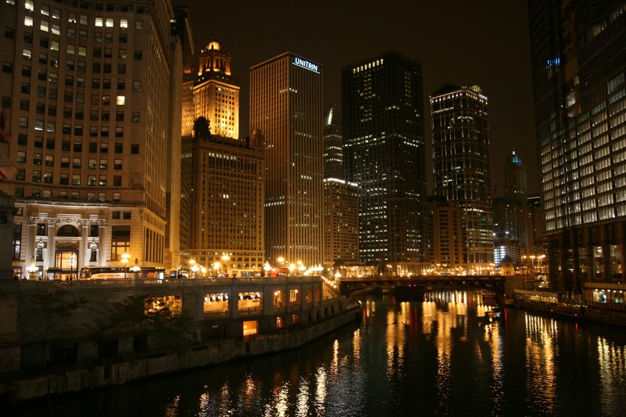 Chicago River and Wacker Drive at night