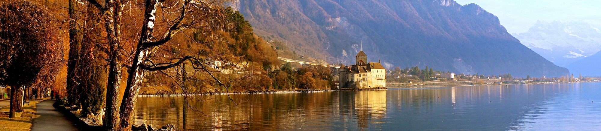 Chillon Castle, Lake, Swiss Alps Panoramic View