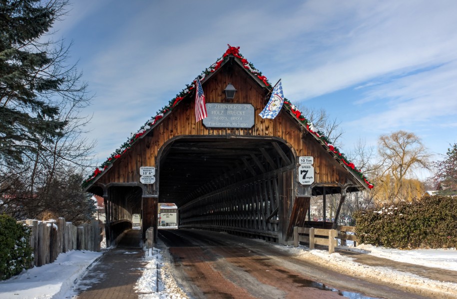 Covered bridge entrance, Frankenmuth, Michigan, 2015-01-11