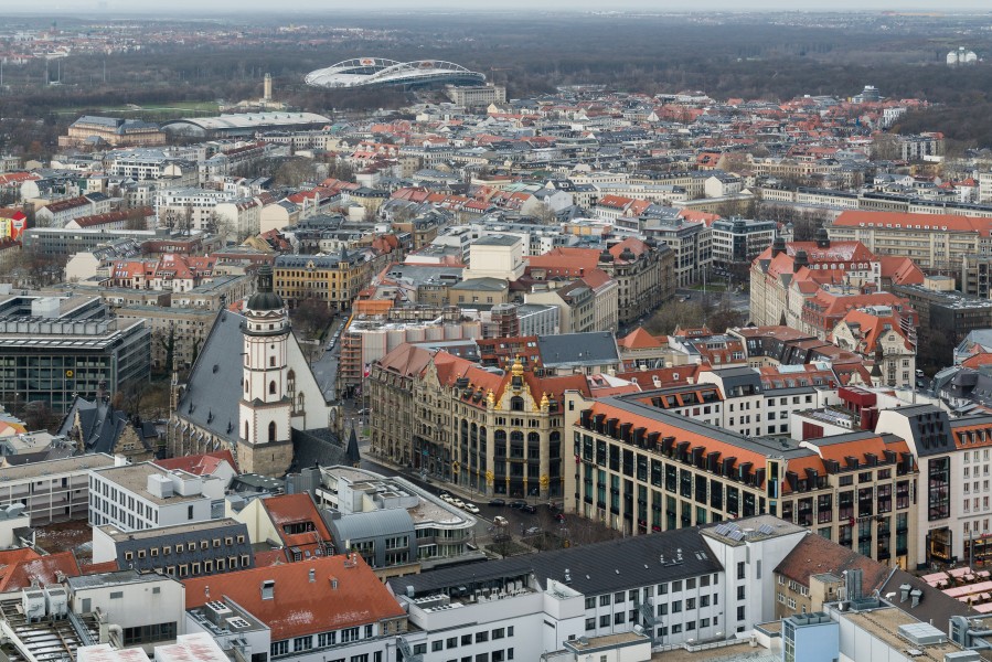 Innenstadt Leipzig mit Thomaskirche von Panorama Tower 2013