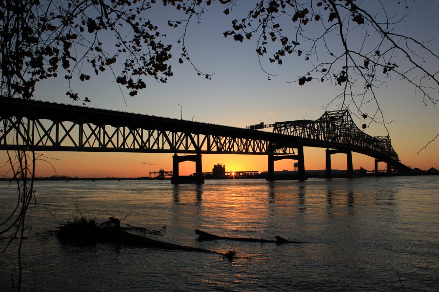 Mississippi River Bridge at Baton Rouge, Louisiana at Sundown Tranquility Water Peace High Resolution