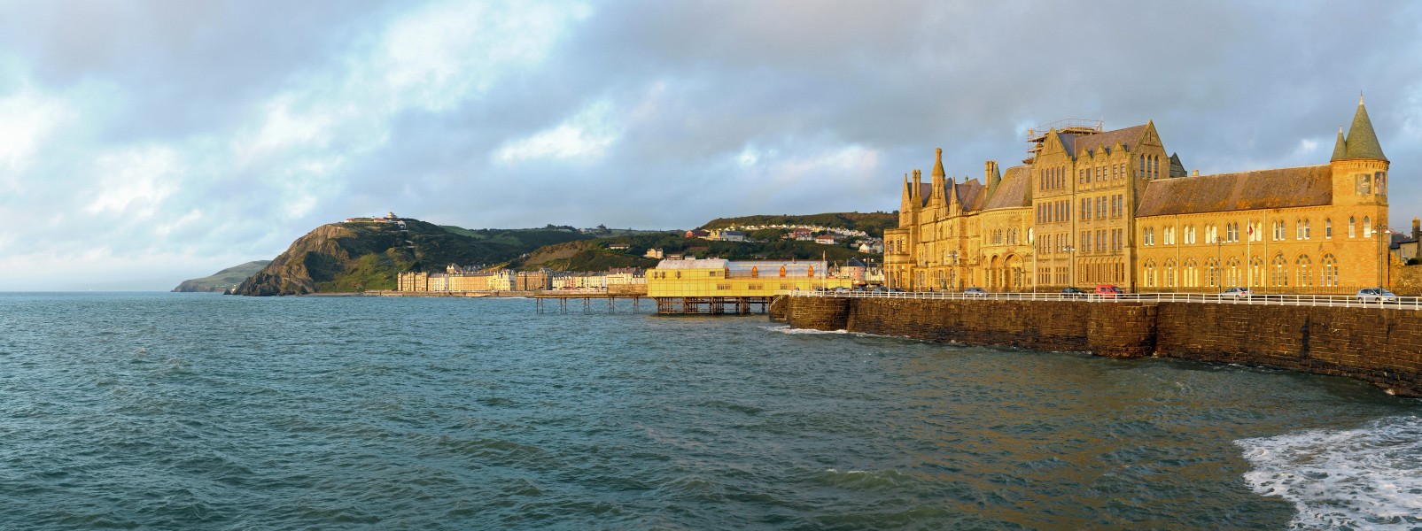 Old College Aberystwyth and Royal Pier at dawn. Aberystwyth, Wales, UK