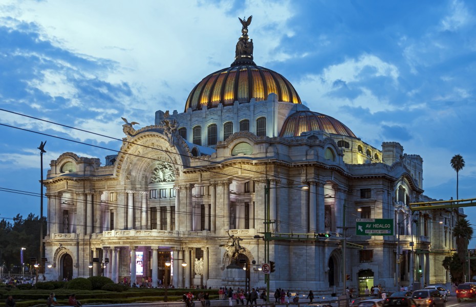 Palaco de Bellas Artes, Mexico City, from across Eje Central Lazaro Cardenas in evening