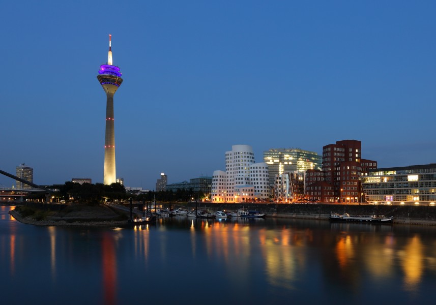 Panorama of Neuer Zollhof and Rheinturm at Blue Hour