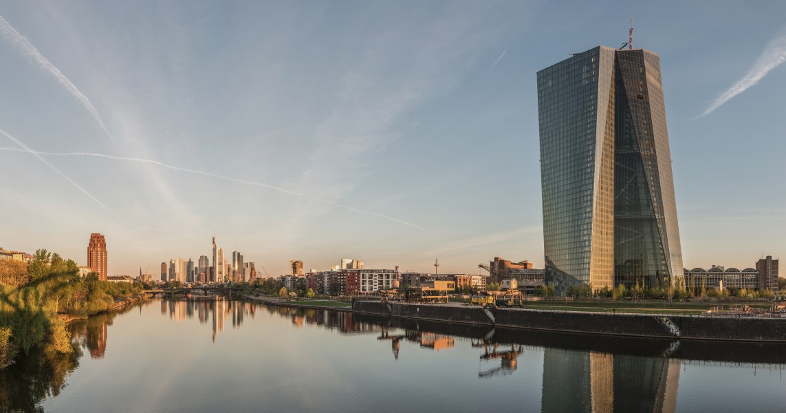Seat of the European Central Bank and Frankfurt Skyline at dawn 20150422 1