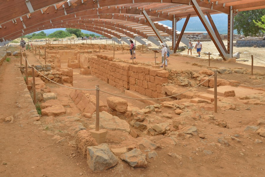 The crypt Agora with roof from West in Malia Crete