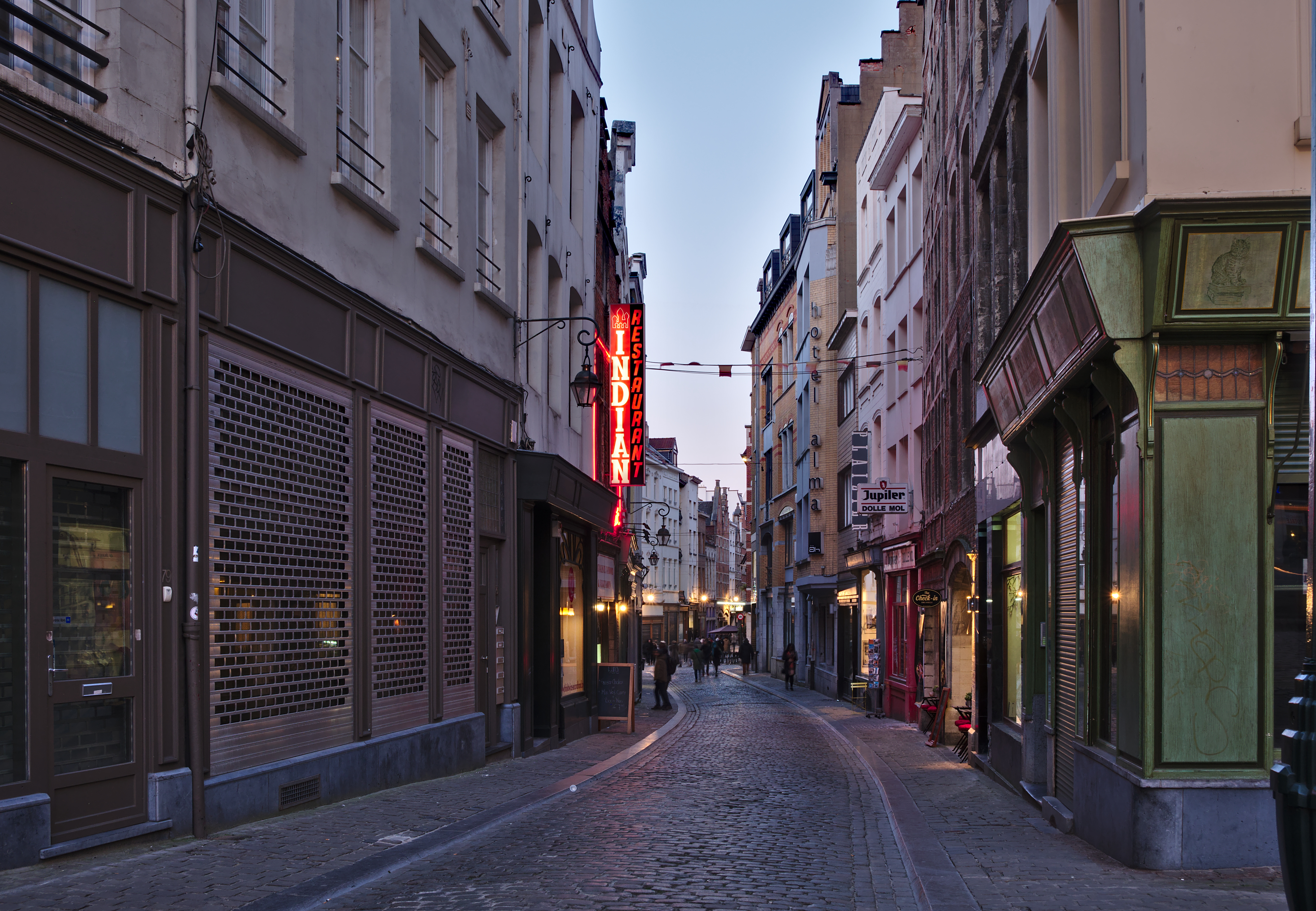 Rue de la Violette as seen from Place Saint-Jean during the evening civil twilight in Brussels, Belgium (DSCF4300)