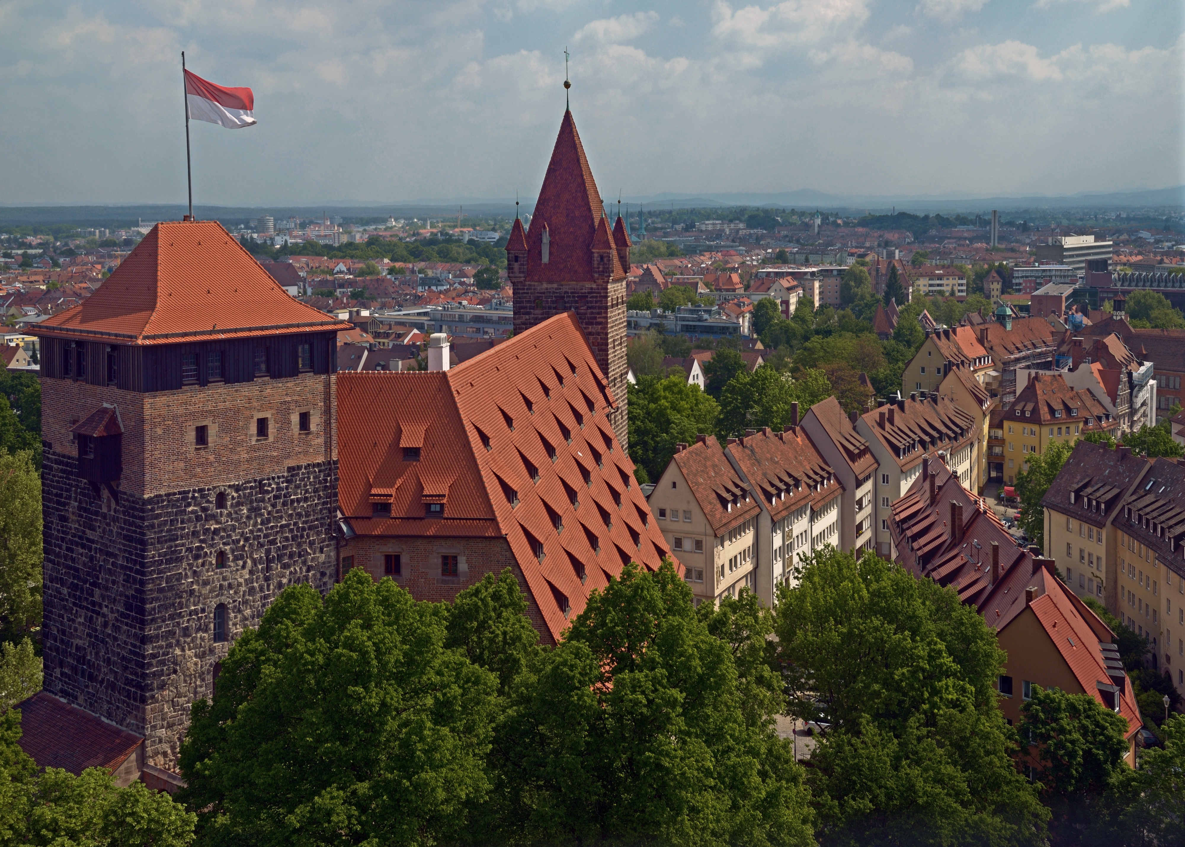 View of the Pentagonal tower, the Imperial Stables and Luginsland from the Nuremberg Castle. Germany