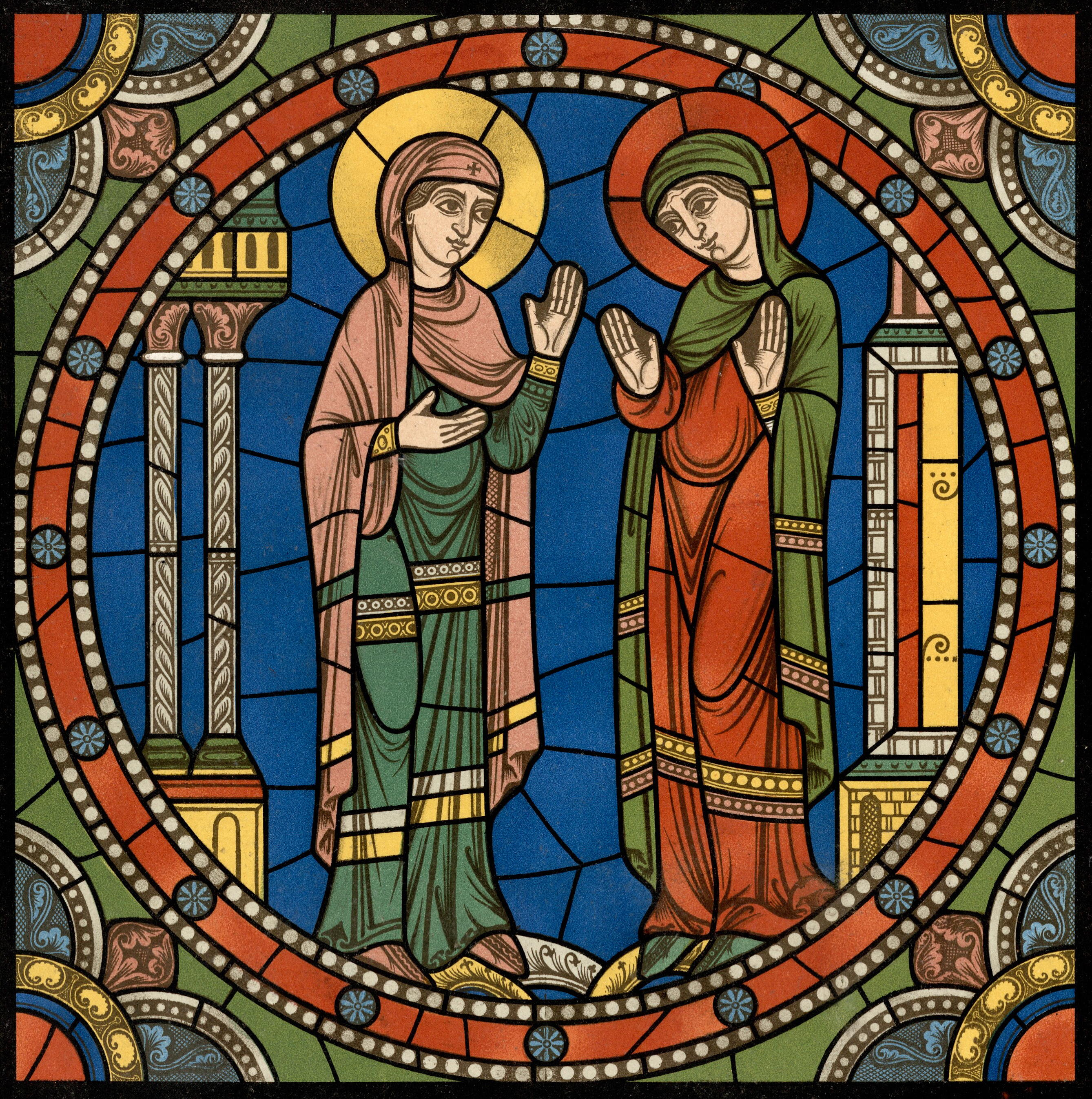 Chartres Kirchenfenster - Das Leben des Jesus Motiv 02 Der Besuch Marias bei Elisabet Lk. 1.39