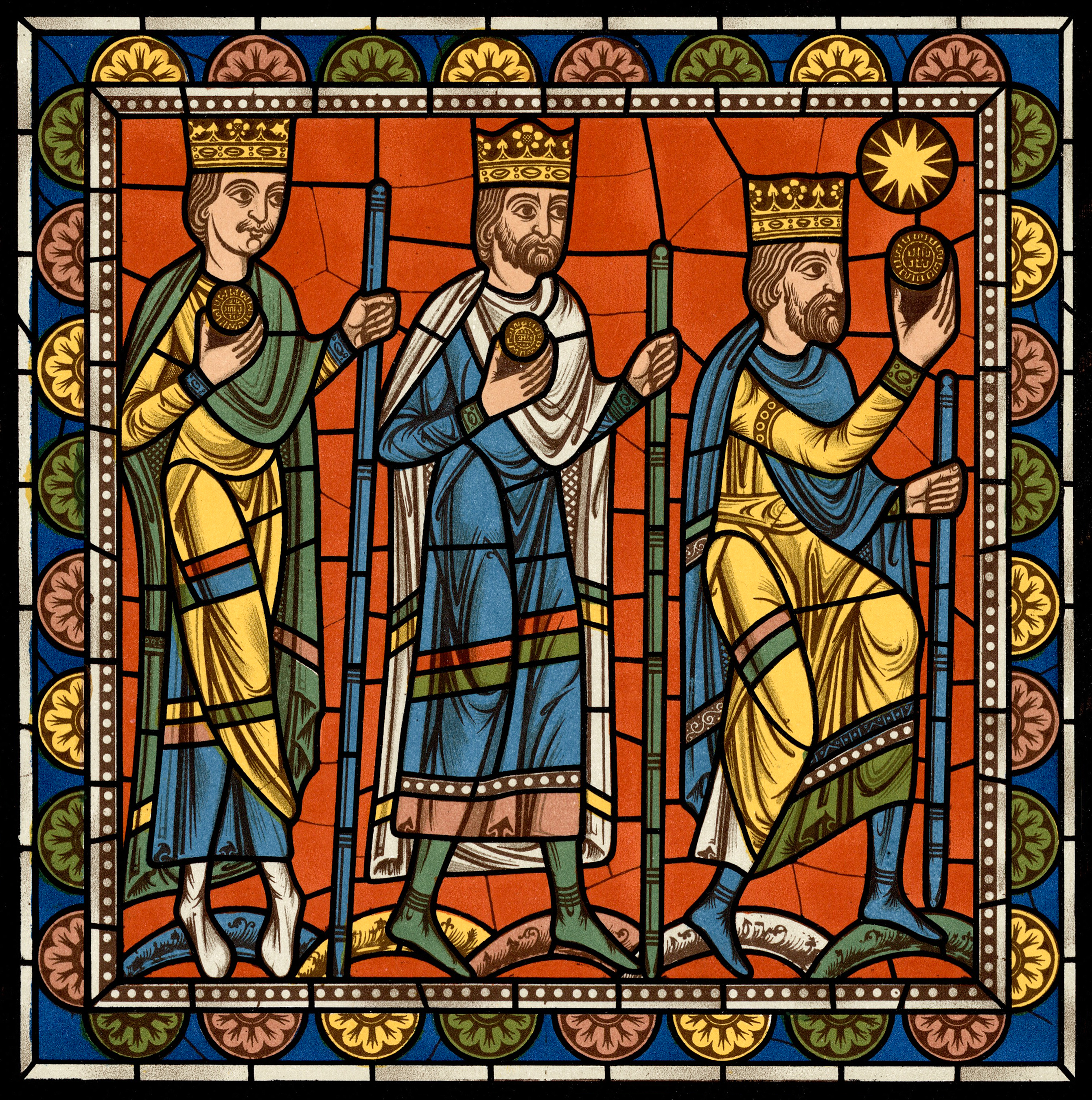 Chartres VITRAIL DE LA VIE DE JÉSUS-CHRIST Motiv 07 Les Mages en route vers Bethléem; l’étoile apparaît