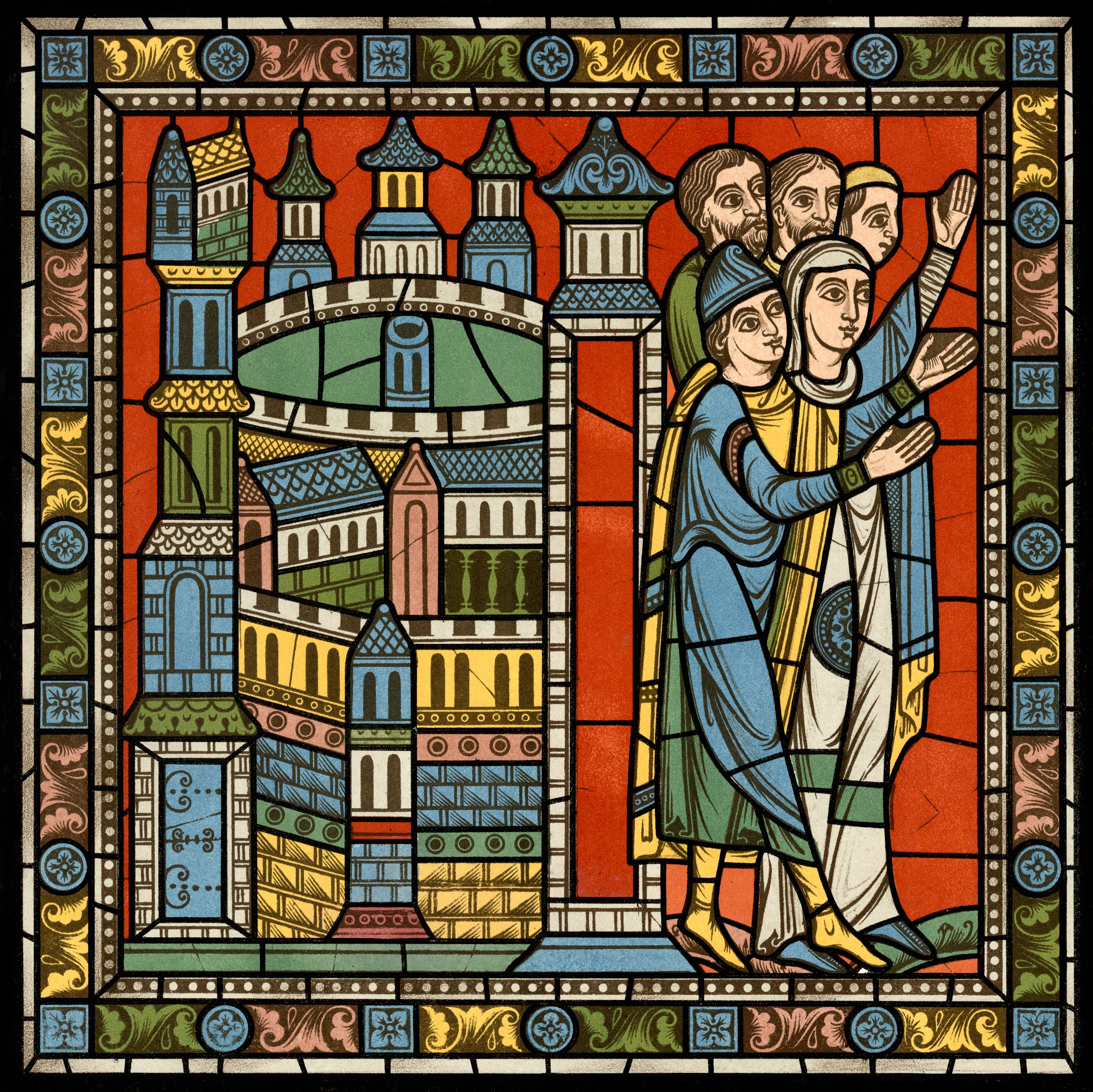 Chartres VITRAIL DE LA VIE DE JÉSUS-CHRIST Motiv 17 Le retour d’Égypte (populations allant au-devant de la Sainte Famille) 