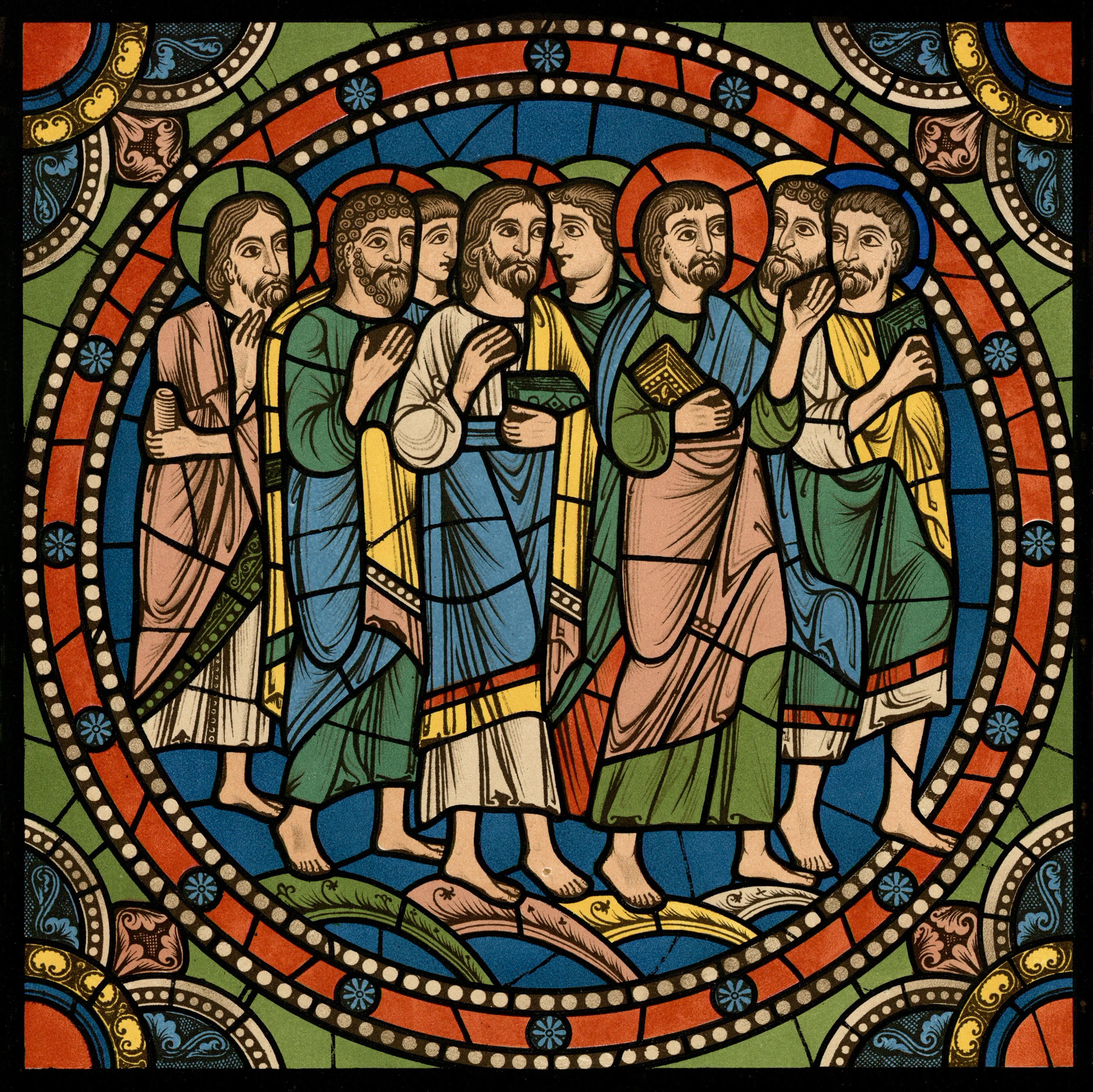 Chartres VITRAIL DE LA VIE DE JÉSUS-CHRIST Motiv 22 Les Rameaux - groupe d’apôtres suivant Notre-Seigneur