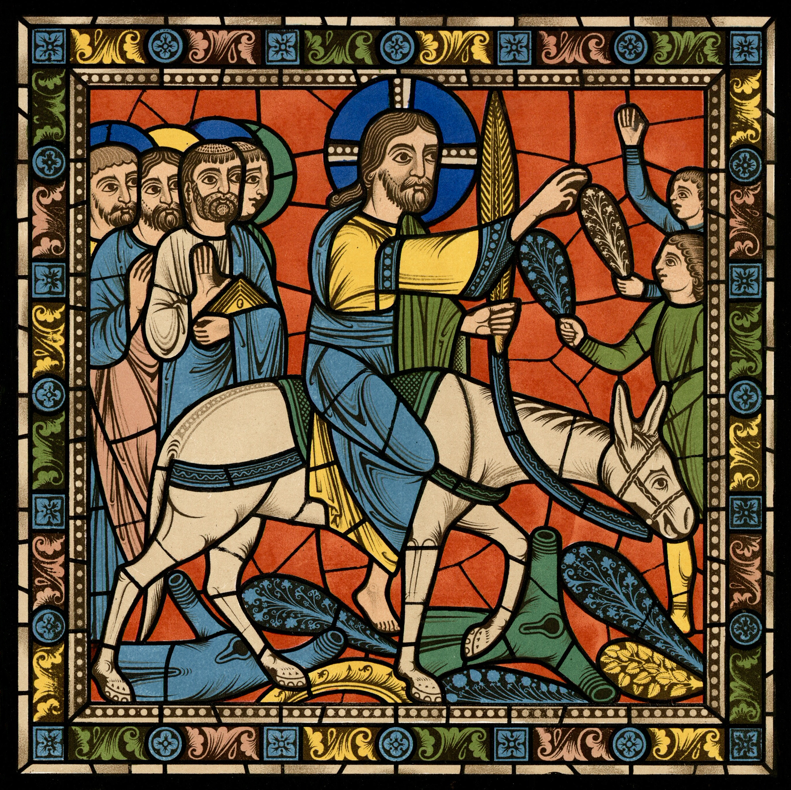 Chartres VITRAIL DE LA VIE DE JÉSUS-CHRIST Motiv 23 Les Rameaux - apôtres et Jésus-Christ sur l’ânesse
