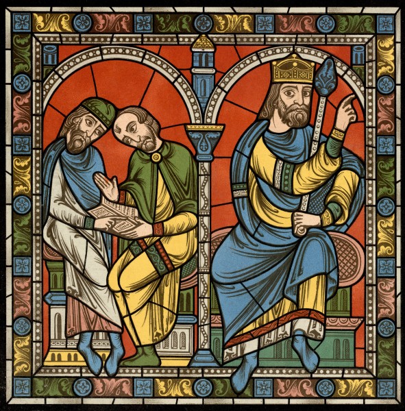 Chartres VITRAIL DE LA VIE DE JÉSUS-CHRIST Motiv 05 Le roi Hérode avec les Savants de la synagogue