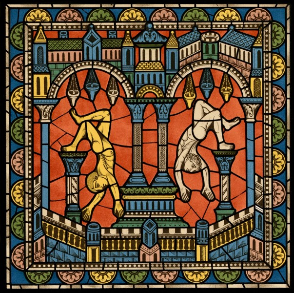 Chartres VITRAIL DE LA VIE DE JÉSUS-CHRIST Motiv 19 Les idoles d’Égypte tombant à l’arrivée de Jésus en ce pays