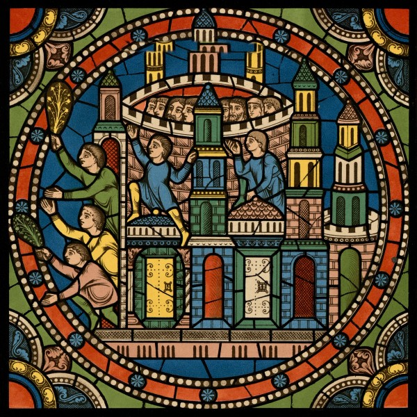 Chartres VITRAIL DE LA VIE DE JÉSUS-CHRIST Motiv 24 Les Rameaux - les habitants de Jérusalem sortant de la ville et venant au--devant du Sauveur