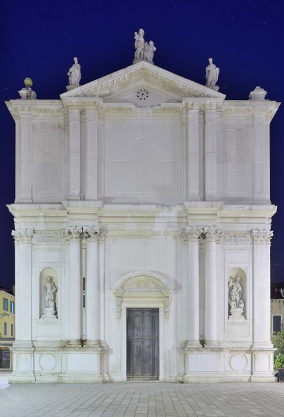 Facade of the church of San Toma at night in Venice