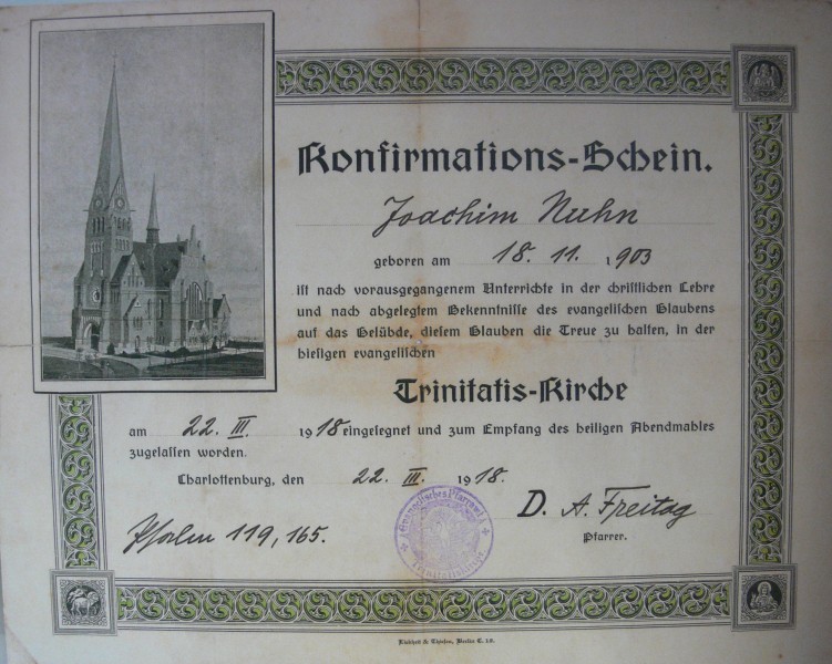 Konfirmationsschein Charlottenburg 1918