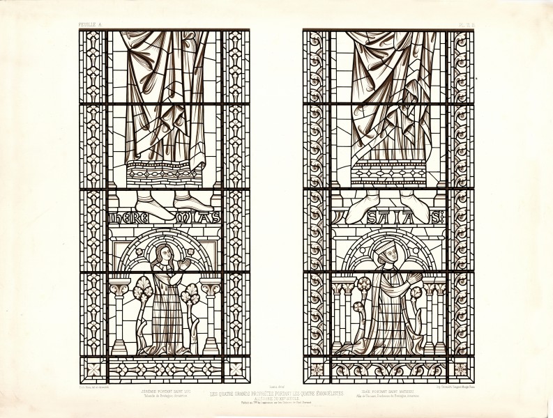 Monografie de la Cathedrale de Chartres - Atlas - Les quatre grands Prophétes portant les quatre Evangelistes - Feuile 1a - Chromelithographie