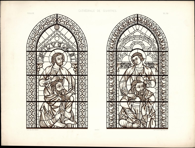 Monografie de la Cathedrale de Chartres - Atlas - Les quatre grands Prophétes portant les quatre Evangelistes - Feuile 1B - Chromelithographie