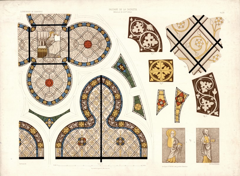 Monografie de la Cathedrale de Chartres - Atlas - Vitrail de la passage de la Sacristie - Paul Durand - Chromo-lithographie
