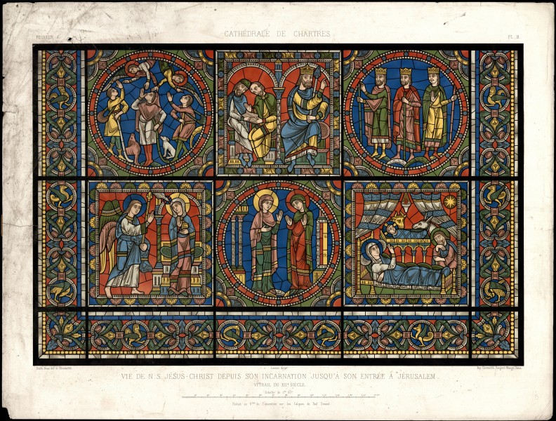 Monografie de la Cathedrale de Chartres - Atlas - Vitrail de la vie de Jesus Christ Feuille A - Chromo-lithographie