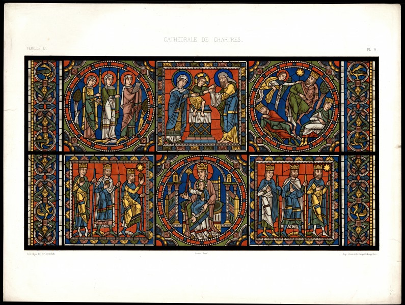 Monografie de la Cathedrale de Chartres - Atlas - Vitrail de la vie de Jesus Christ Feuille B - Chromo-lithographie
